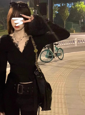 速发黑色性感2上蕾丝绑带领衣秋冬季20v4年新款长袖打底衫