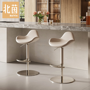 北茵真皮设计师款吧台椅子轻奢高级感家用不锈钢 高脚凳岛台餐椅