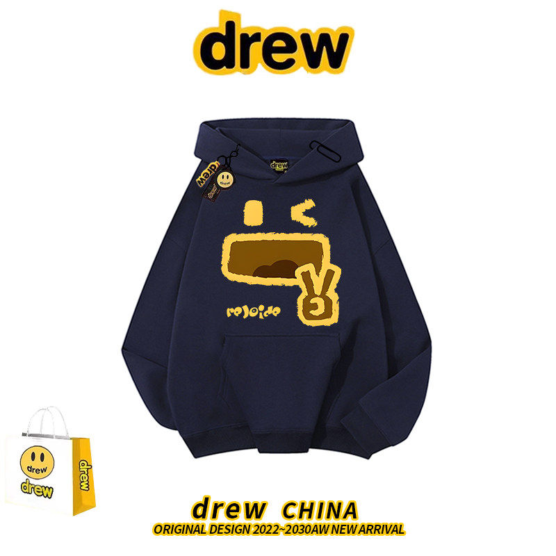 drew美式复古趣味连帽加绒卫衣男女潮牌休闲宽松秋冬情侣帽衫外套