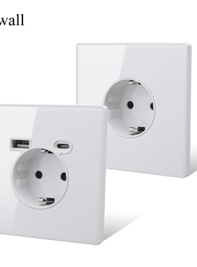 86型全面屏玻璃欧标德式插座法式 带USB typeC插座黑白灰色家用