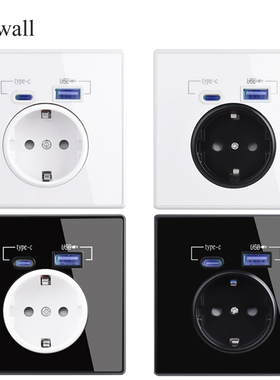 86型亚克力DIY欧规德式法式插座带USB+typeC外贸欧标插座