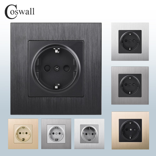 Coswall86型铝拉丝面板欧规插座墙壁开关带LED暗装德插欧标三开关