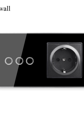157*86黑色触摸开关插座三开组合欧标USB钢化玻璃感应LED开关