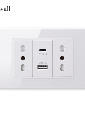118型钢化玻璃面板双意式typeC+USB插座 16A意大利三孔墙壁插座