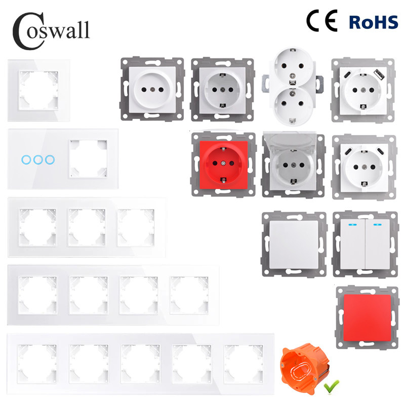 COSWALL 白色玻璃面板 欧规墙壁开关插座 德式USB充电口模块DIY