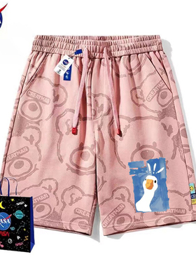 NASA夏季短裤探头鸭男女童2024新款中大童运动宽松五分裤亲子裤子