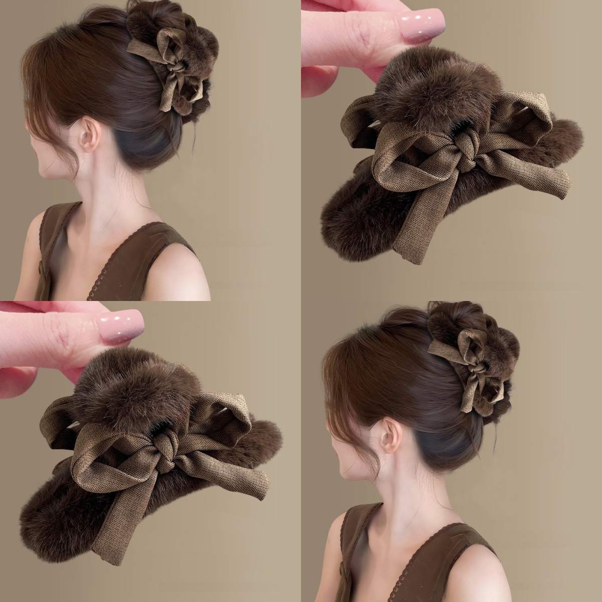 秋冬气质兔毛蝴蝶结抓夹头饰女后脑勺盘发大号鲨鱼夹毛绒发夹抓夹