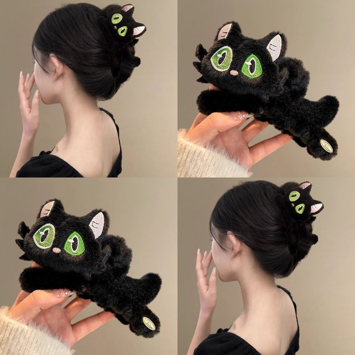 黑色毛绒异瞳猫咪抓夹2025新款可爱旅行发夹鲨鱼夹子发饰头饰发卡