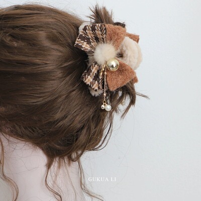 圣诞节新款毛绒蝴蝶结流苏抓夹