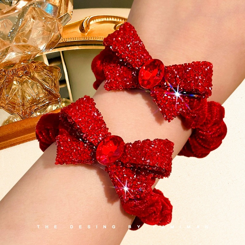 新年红色水钻蝴蝶结高弹力发绳女耐用头绳儿童扎头皮筋本命年发饰