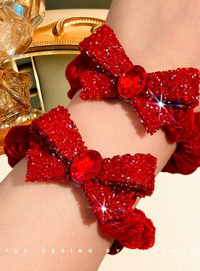 新年红色水钻蝴蝶结高弹力发绳女耐用头绳儿童扎头皮筋本命年发饰