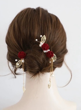 新娘敬酒服绒花红色山茶花发夹女订婚新中式后脑勺发卡玫瑰花头饰