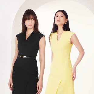 轻松职场系列 剪裁 设计感简约纯色律师金融a摆连衣裙小黑裙修身