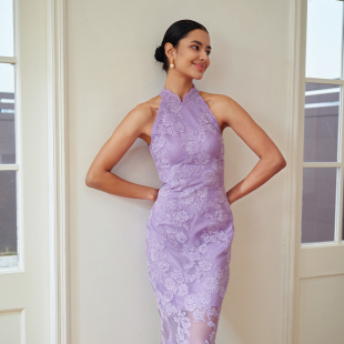 定制蕾丝丁香紫绣花蕾丝前卫摩登削肩新中式旗袍