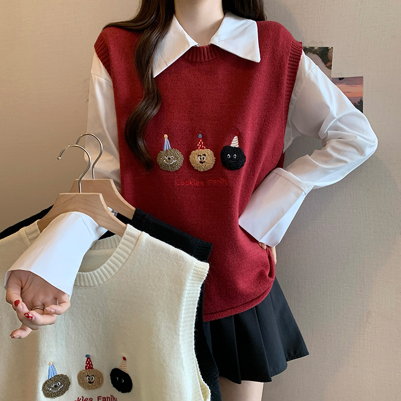 少女凯拉 女装2024秋冬新款马夹卡通刺绣背心马夹衬衫马甲两件套