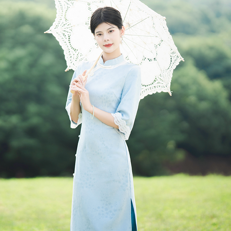 蓝色日常倒大袖改良旗袍