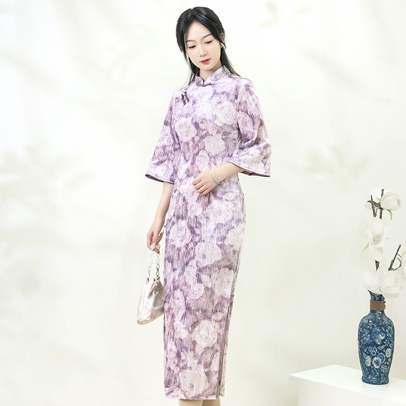 挽苏复古碎花高端修身紫色旗袍