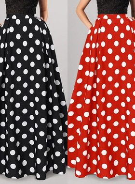Vintage polka dot long skirt高腰中长款复古波点大摆半身长裙女