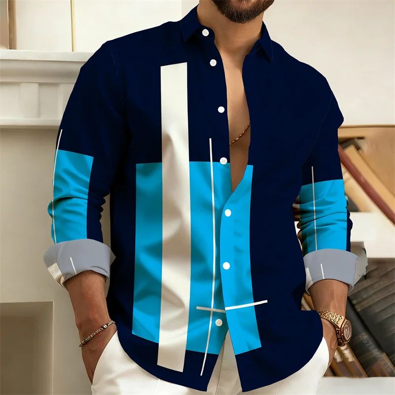 欧美风色块拼接印花长袖衬衫男商务翻领几何图案 Geometric shirt