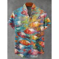 European and American style lapel short-sleeved printed shirt cardigan fish patterned top Casual fish patterned top thumbnail 4