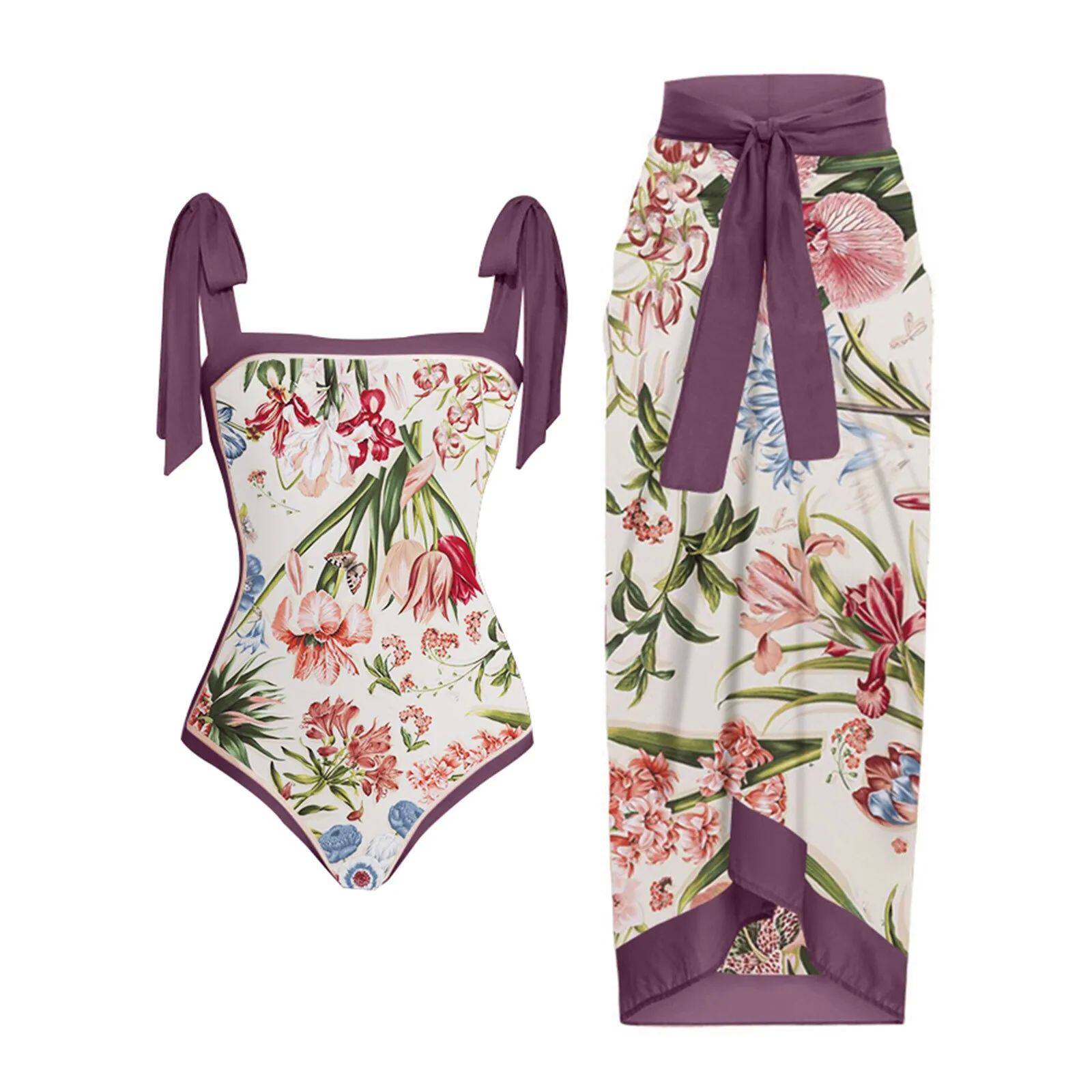 Printed lace up one piece swimsuit印花系带连体泳衣两件套女士
