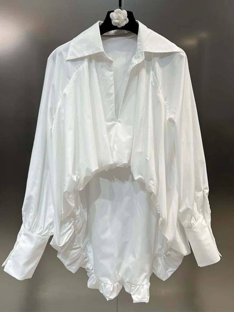 Lapel lantern sleeve irregular shirt翻领灯笼袖不规则长袖衬衫 - 实物图