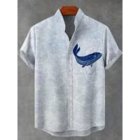 European and American style lapel short-sleeved printed shirt cardigan fish patterned top Casual fish patterned top thumbnail 3