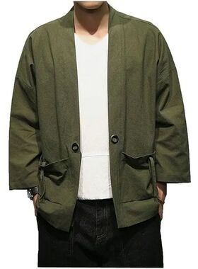 Men's Solid Loose Cardigan Daopao 男纯色口袋宽松开衫道袍外套