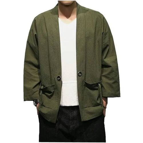 男纯色口袋宽松开衫道袍外套