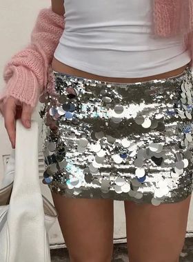 Sequin Reflective Short Wrap Hip Skirt亮片反光短款包臀半身裙