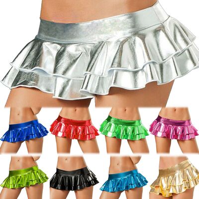 仿皮低腰修身双层大摆超短裙女