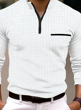 棋盘格子POLO衫拉链运动马球衫