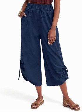 Pocket drawstring straight cropped pants口袋抽绳直筒七分裤女