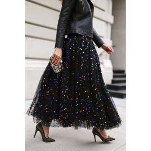 Ladies illuminated chiffon skirt女士高腰圆点亮片纱裙 round