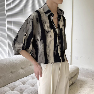 条纹系扣五分袖衬衣男士