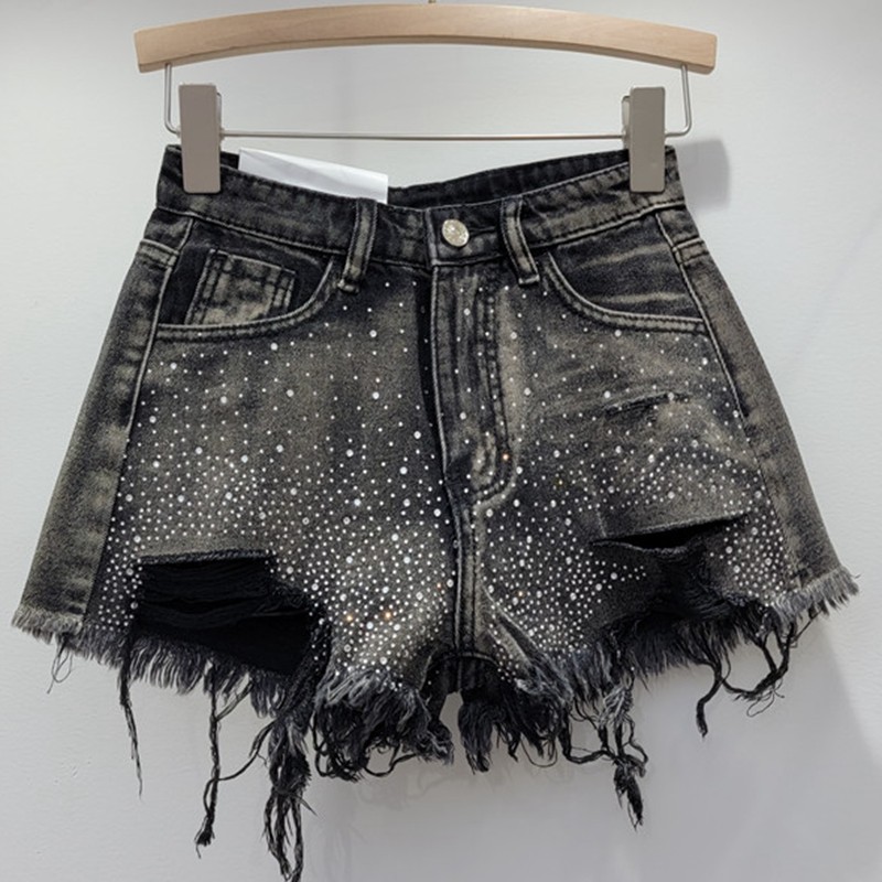 Buckle and diamond tassel denim shorts系扣镶钻流苏牛仔短裤女