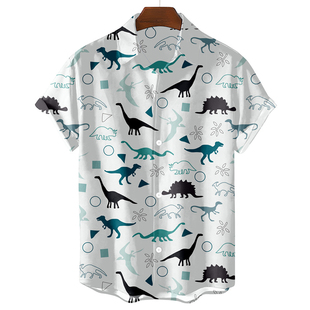 Dinosaur printed short sleeved shirt翻领系扣恐龙印花短袖衬衫