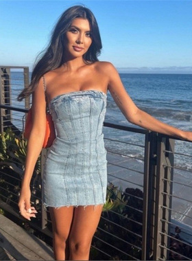 Chestless fringe tight denim dress女士抹胸流苏紧身牛仔连衣裙