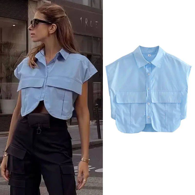 Flip collar pocket short shirt翻领不规则口袋无袖短款衬衫女士