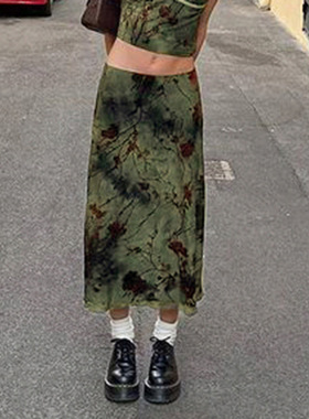 Black fungus edge long skirt新中式印花时尚复古做旧中长款女裙