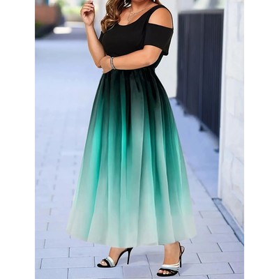 女渐变色露肩大码连衣裙