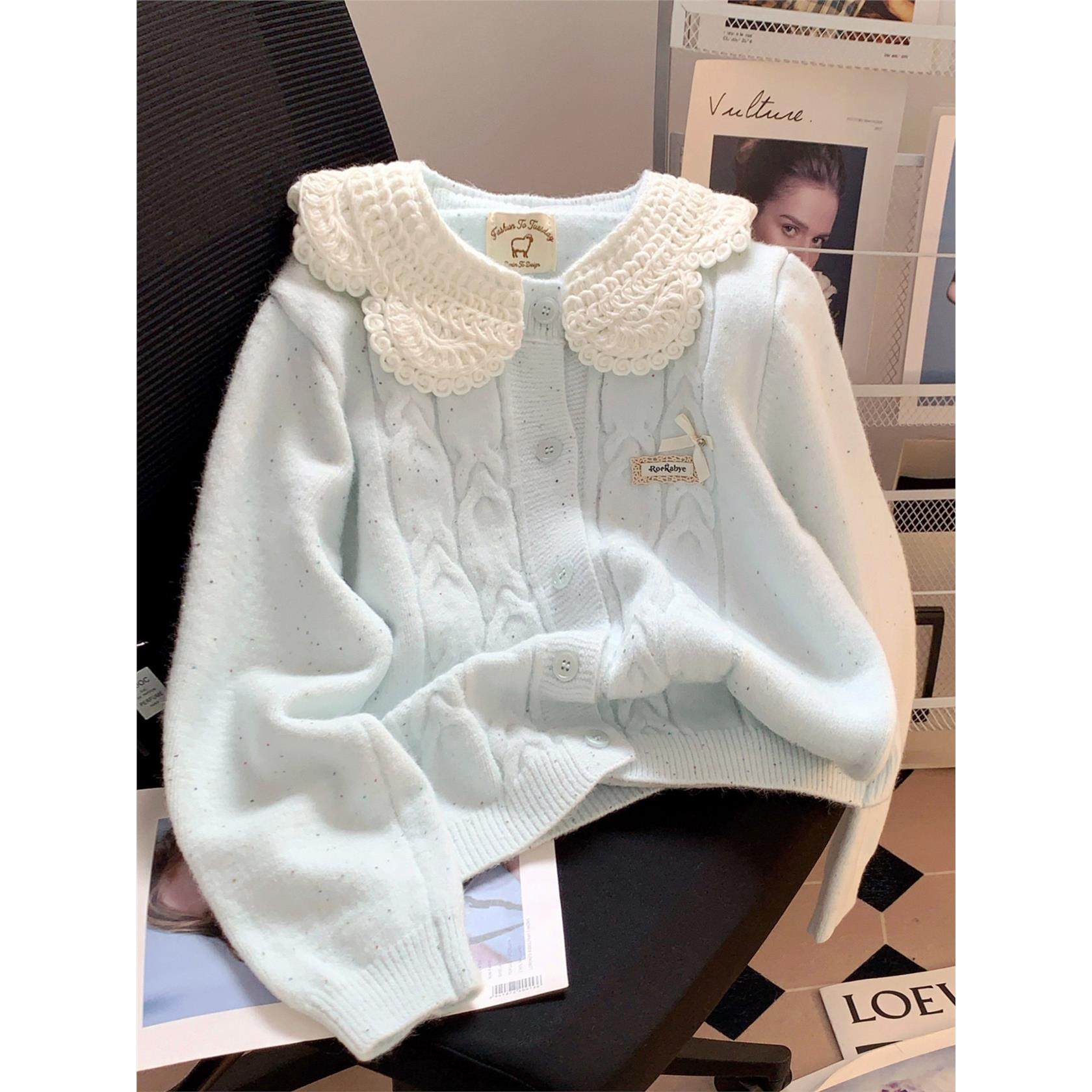 蓝色甜美娃娃领花边针织开衫女学院风日系穿搭毛衣外套奶乖上衣秋,个性定制/设计服务/DIY,棉服工装,淘宝优惠券,粉丝福利购,淘宝优惠卷