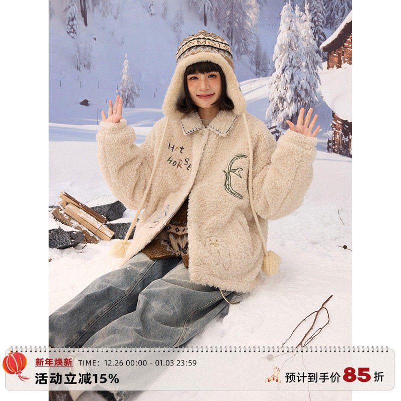 HOTHORSE火山马日系复古动物飞鸟刺绣保暖羊羔毛短外套棉服女冬,个性定制/设计服务/DIY,棉服工装,淘宝优惠券,粉丝福利购,淘宝优惠卷