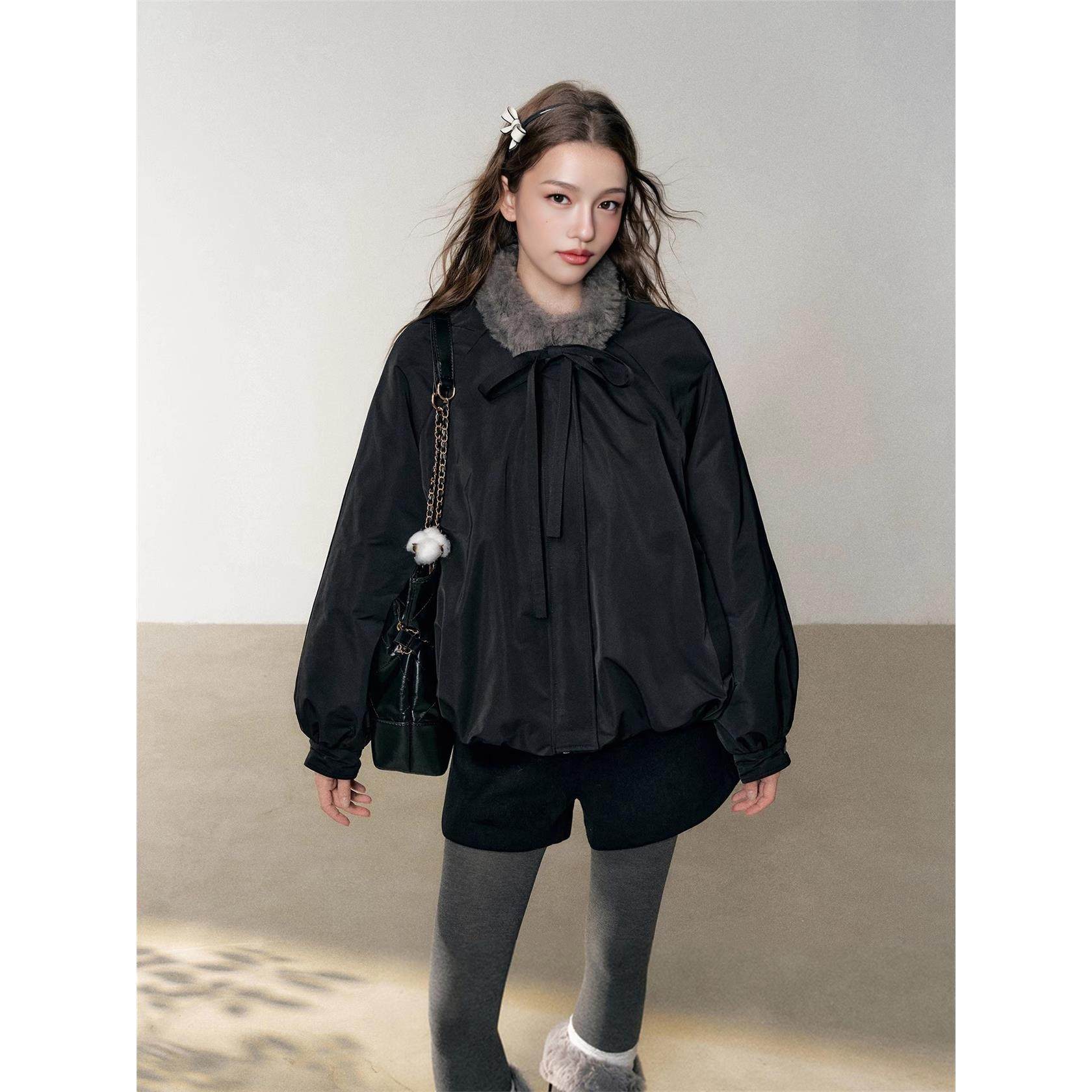 黑色花苞毛领拼接棉服外套女冬季新款小众设计加厚保暖派克服上衣,个性定制/设计服务/DIY,棉服工装,淘宝优惠券,粉丝福利购,淘宝优惠卷