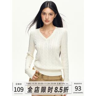 101PASSION 白色V领麻花针织毛衣女秋冬外穿薄款内搭打底毛衫上衣