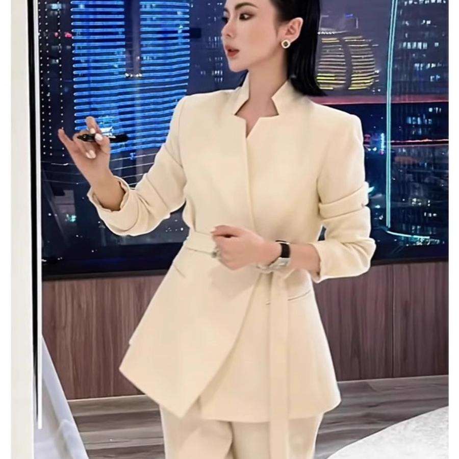 时尚奢华女装白色西装套装女2026新款春秋搭配一整套修身腰带西服