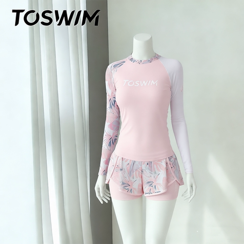 【瑕疵清仓-蓝粉鲸鱼】TOSWIM拓胜正品长袖防晒游泳衣女分体温泉