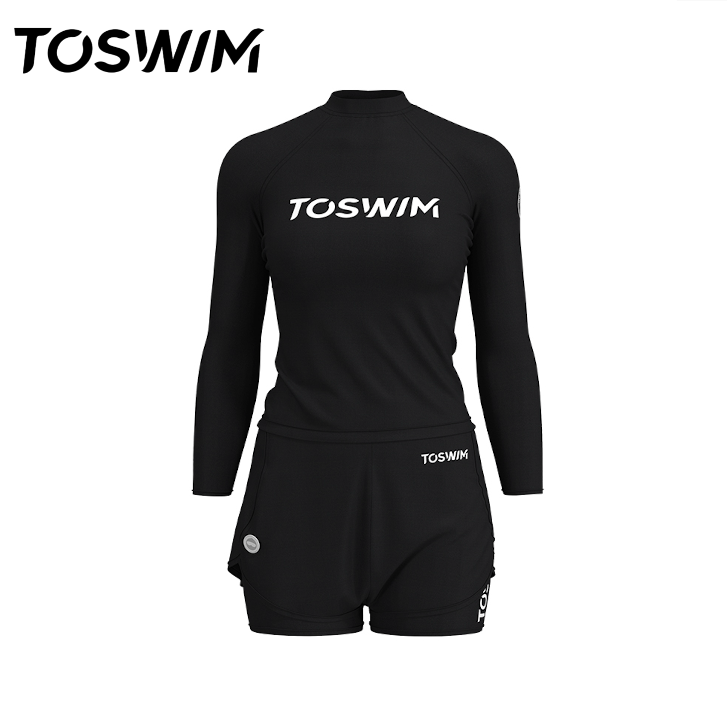 【样衣清仓下-墨鱼黑套装】TOSWIM拓胜游泳衣分体女长袖温泉泳装