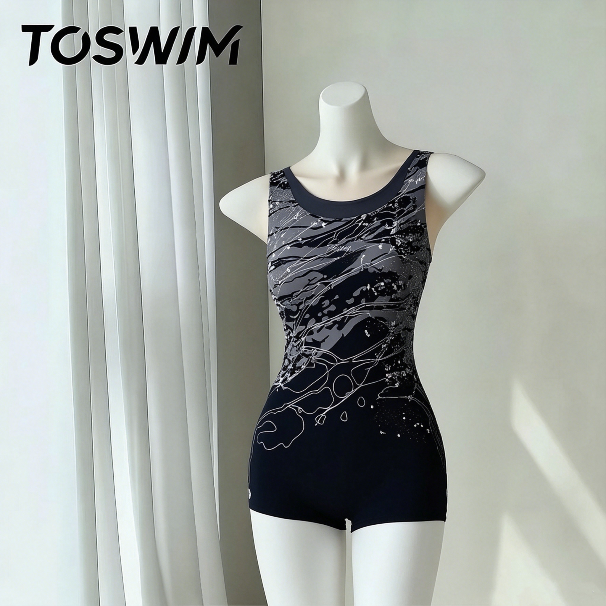 【瑕疵清仓-银墨星流】TOSWIM拓胜正品泳衣女士连体平角竞速温泉图片