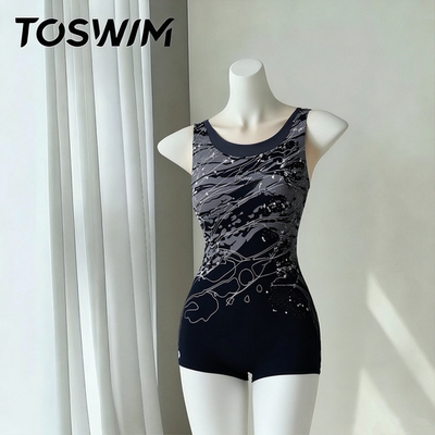 【瑕疵清仓-银墨星流】TOSWIM拓胜正品泳衣女士连体平角竞速温泉